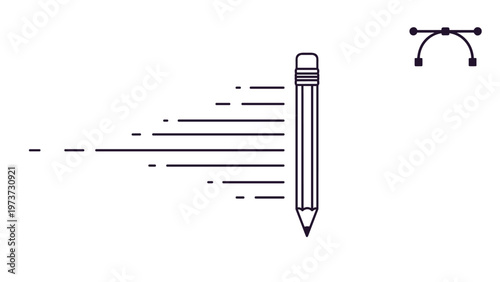 Creative pencil outline icon with dashed lines suggesting motion or speed, alongside a bezier curve symbol, representing design, drawing, and vector graphics.
