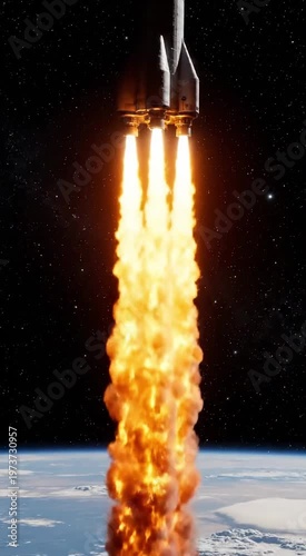 Rocket engines ignite with intense plasma emission Earth below starry space no text vertical silent for reusable rocket tech space tourism or interplanetary travel campaign.