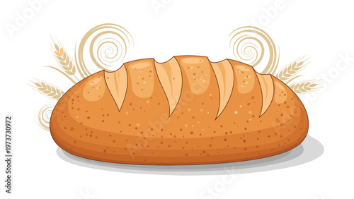 Warm and inviting cartoon illustration of a fresh loaf of bread, adorned with wheat ears and elegant swirling patterns, symbolizing natural bakery goods.