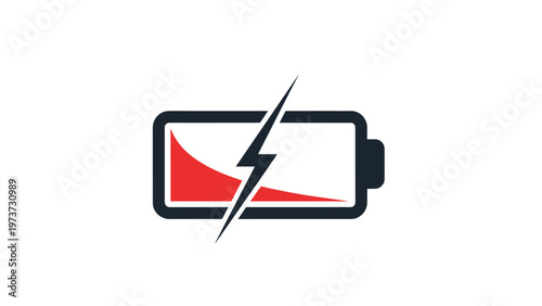 Dynamic low battery icon with a striking lightning bolt, indicating urgent power needs or rapid charging, designed in a bold red and black style.