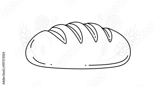 Line art drawing of a loaf of bread with subtle wheat stalk and swirl outlines in the background, suggesting freshness and bakery goods.