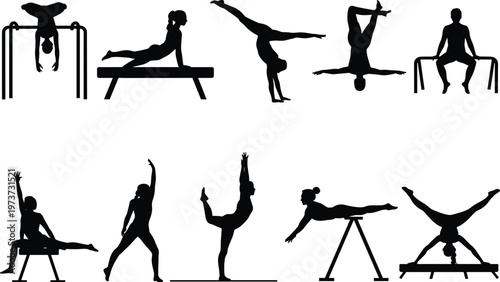 Gymnast silhouettes, parallel bars, pommel horse, balance beam, floor exercises, dynamic poses, handstands, splits, balancing acts, strength, agility, flexibility, artistic sport