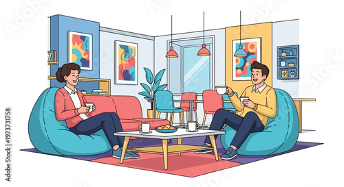 Colleagues Laughing on Bean Bags With Coffee