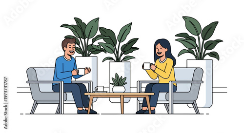 Colleagues Laughing Over Coffee in Modern Lounge