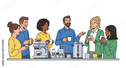 Diverse Colleagues Chatting at Office Coffee Station