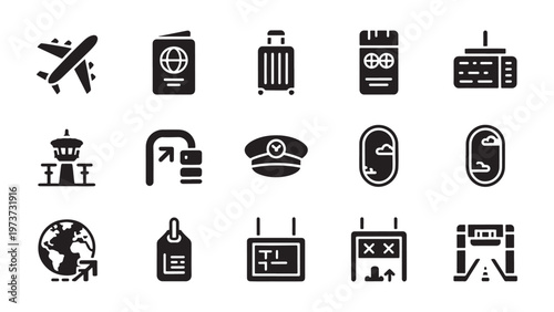 Airport and airline travel icon set for aviation branding, flight booking apps, passenger services, and terminal wayfinding design