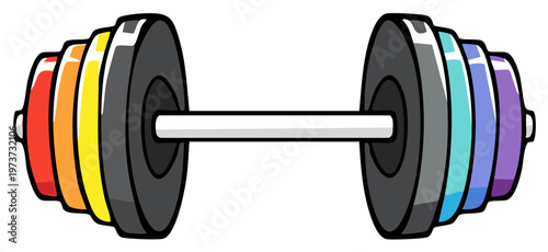 Vibrant barbell with rainbow colored weights for fitness and strength training graphic resource