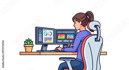 Focused Woman Working at Modern Desk Setup