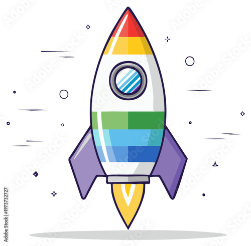 Colorful cartoon rocket ship with rainbow stripes, window, and stylized flames
