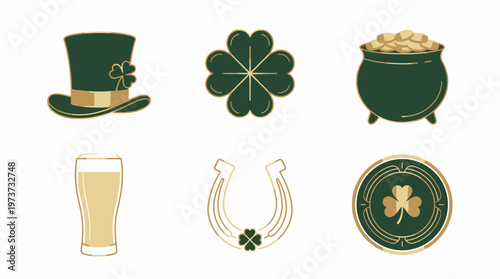 Irish Holiday Symbols: A set of iconic symbols of Saint Patrick's Day including a leprechaun's hat, four leaf clover, pot of gold, glass of beer, horseshoe, and a celebratory coin.