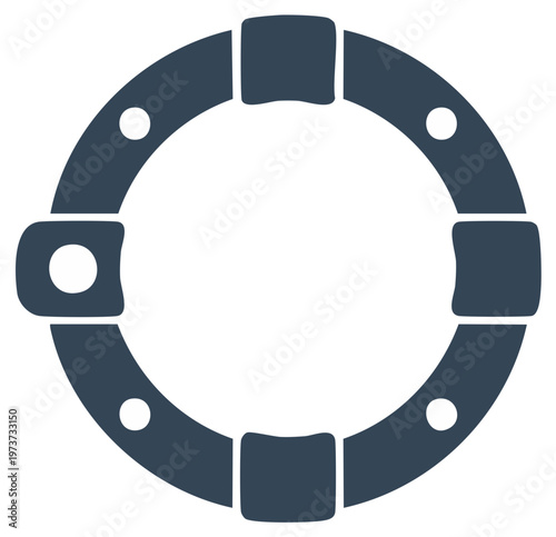 Illustrated dark blue life buoy with round grips and ports for rope