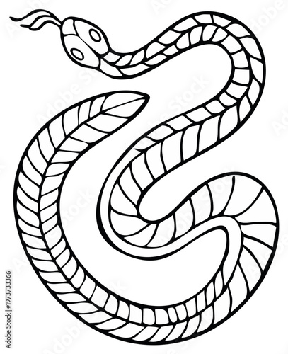 Outline illustration of a winding snake with textured scales and a flicking tongue, simple graphic design