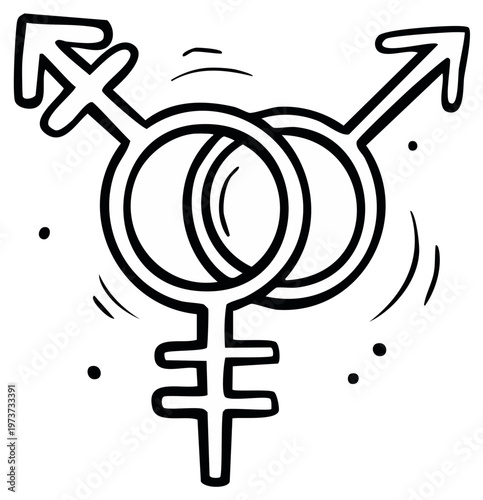Interlocking transgender symbol illustration with decorative dots and radiating lines