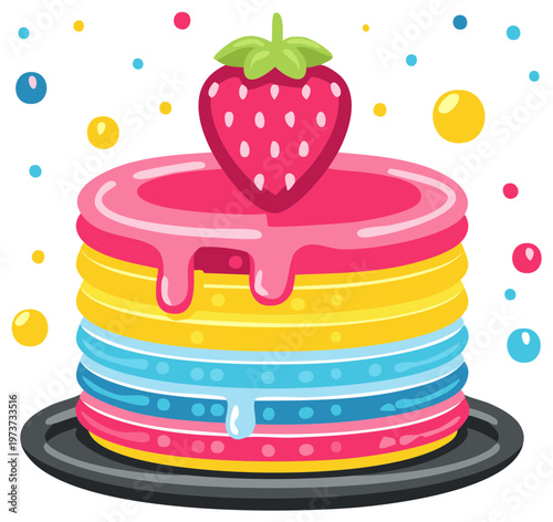 Festive rainbow pancake stack with dripping glaze and a fresh strawberry topper creates a whimsical and delicious sweet treat