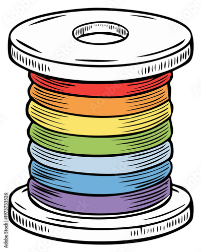 Rainbow Spool of Thread Hand Drawn Illustration Craft Supply Sewing Notion