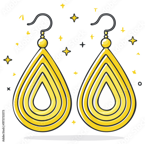Pair of Yellow Tear Drop Earrings with Hook in Sketch Style