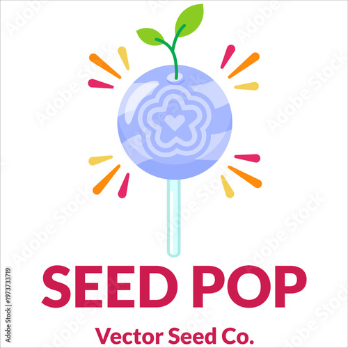 Blue Seed Pop Lollipop Candy Vector with Sprout Leaves Flat Design