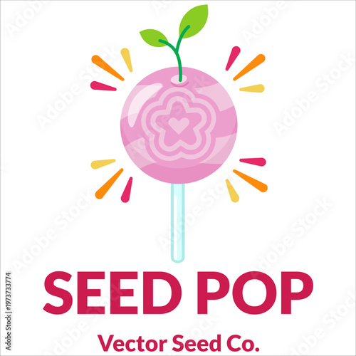 Pink Seed Pop Lollipop Candy Vector with Sprout Leaves Flat Design