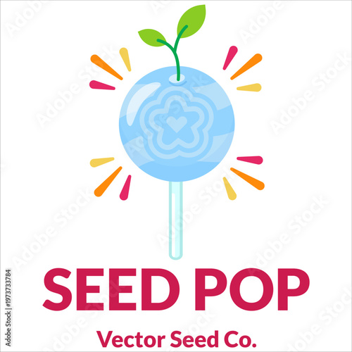 Blue Seed Pop Lollipop Candy Vector with Sprout Leaves Flat Design