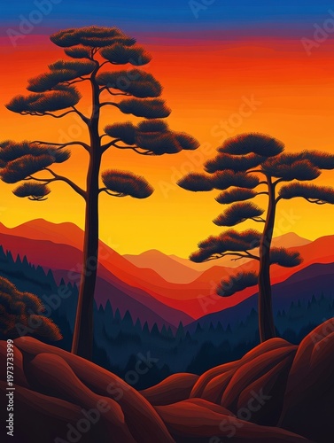 Two tall trees against vibrant sunset sky with layered mountainous backdrop in silhouette