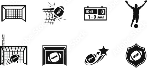 AdAmerican Football Goal Icons Set with Scoreboard Ball in Net and Star Logo