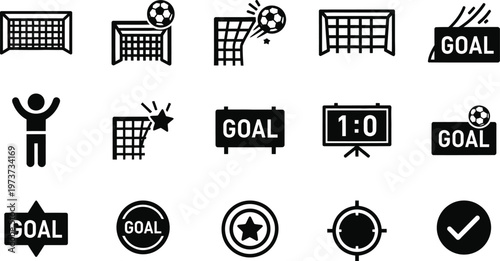 Soccer Goal Icon Set with Football Scoreboard Player Celebration and Badges