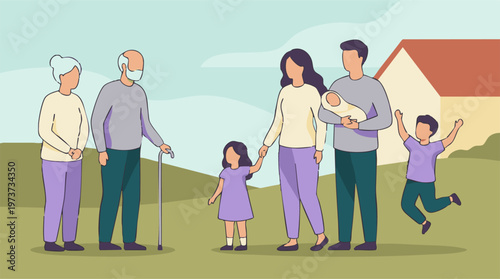 Multi-generational family enjoying time together outdoors in flat design