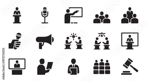 Public speaking, conference, and leadership icon set for corporate event branding, training programs, and professional development design