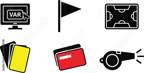 Soccer Referee Icon Set with VAR Screen, Whistle, Yellow, and Red Cards