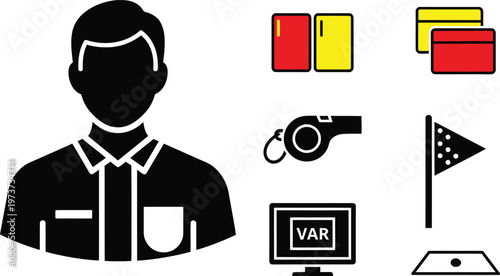Soccer Referee Avatar Icon Set with Red Yellow Cards Whistle and VAR Monitor