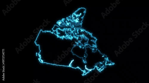 Glowing neon outline map of Canada digital animation futuristic geographic border visualization black background