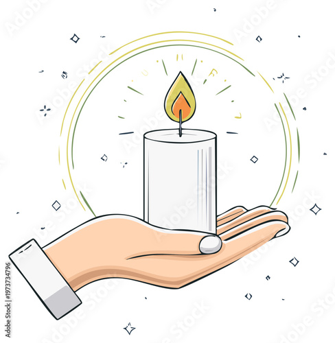 Hand Holding Glowing Candle in Artistic Doodle Style, Light and Hope