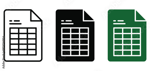 the minimalist spreadsheet icon set, featuring light dark and green document styles, modern flat design for finance apps dashboards reports and digital productivity tools.