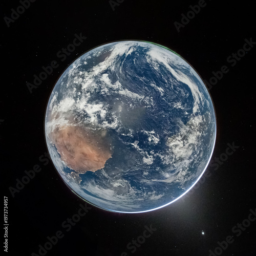 Real photo of Earth from deep space 2026, blue planet with clouds and atmosphere, human spaceflight perspective after departure, realistic orbital photography, global horizon