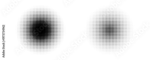 Halftone gradient circles collection. Dots textured round patterns. Cartoon comic radial faded background set. Abstract pixelated elements for frame poster collage banner flyer. Vector bundle