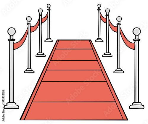 Empty red carpet pathway with velvet ropes and stanchions leading forward
