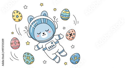 Astronaut bear floating among colorful space eggs and stars isolated on transparent background, isolated on white background, Vector