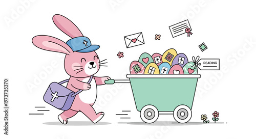 Easter bunny delivering colorful eggs and educational items in a cart isolated on transparent background, isolated on white background, Vector