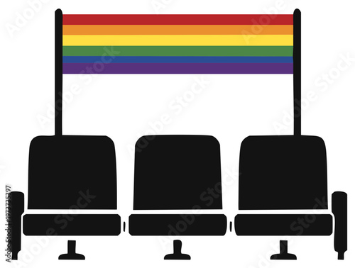 Row of empty spectator seats with a large rainbow flag symbolizing LGBTQ community support