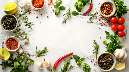 Top view of white marble table with spices herbs and citrus ideal for recipes