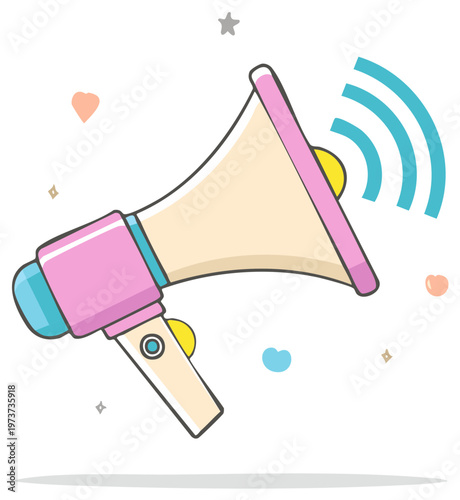 Cute cartoon megaphone with sound waves surrounded by pastel heart and star icons, broadcasting announcements, promotions