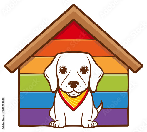 Stylized Cartoon Puppy in Rainbow Doghouse Animal Illustration Vector Graphics