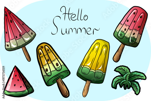 watermelon and melon fruit ice cream popsicle collection, refreshing summer dessert wreath and elements set for greeting cards, menu design and seasonal promotion