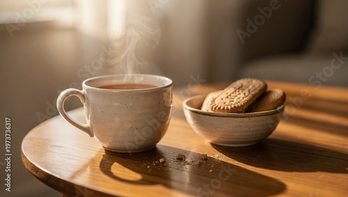 A serene scene of a steaming cup of coffee and a bowl of biscuits on a wooden table, bathed in natural light, inviting relaxation and comfort in a cozy room.