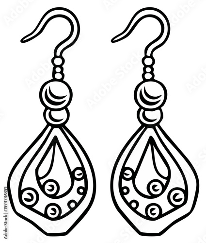 Intricate Boho Dangle Earrings with Spiral Details Line Art Illustration