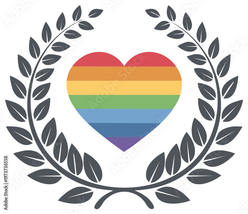 LGBT Pride Heart Symbol Framed by Laurel Wreath Representing Love and Equality, a Colorful Emblem for Pride Month Celebrations