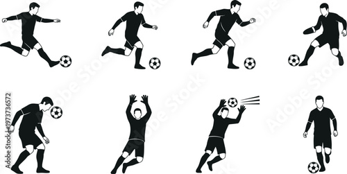 Soccer Player Silhouettes Set, Football Action Poses and Goalkeeper Vectors