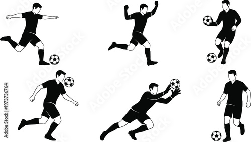 Soccer Player Silhouettes Set, Football Action Poses with Ball Vector