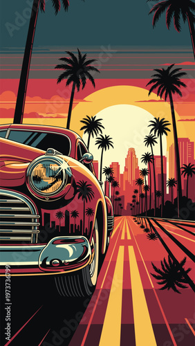 A vintage convertible drives towards a vibrant sunset and city skyline