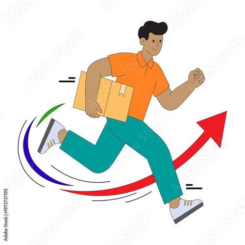 Foto Fast delivery man running with package and upward growth arrow illustration